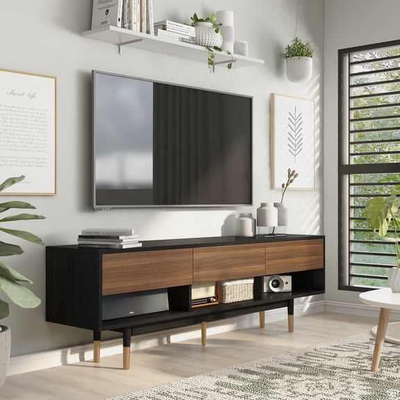 24/7 Shop at Home Miller 3 Drawer Modern TV Stand with Storage, Media Console Entertainment Center, Dining Sideboard Buffet Cabinet for Living Room in Black Wood