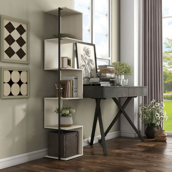 24/7 Shop At Home Penz Two-Tone 5-Tier Corner Bookcase Cream Weave Book Shelf Stand Corner Shelf Unit Small Space Organizers and Storage Corner Stands with Black Metal