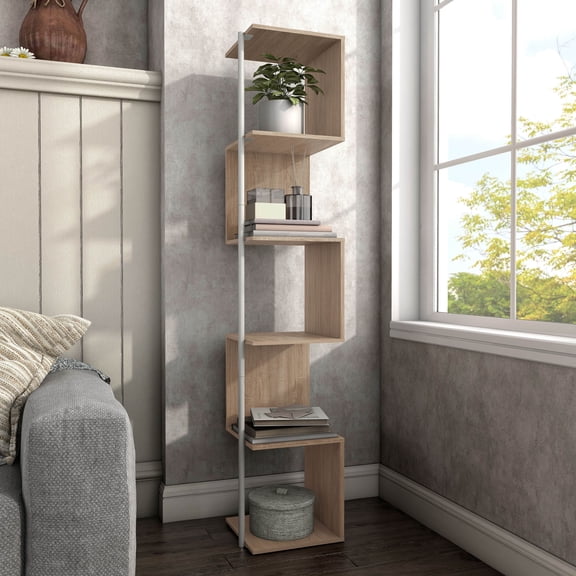 24/7 Shop At Home Penz Two-Tone 5-Tier Corner Bookcase Natural Book Shelf Stand Corner Shelf Unit Small Space Organizers and Storage Corner Stands with White Metal