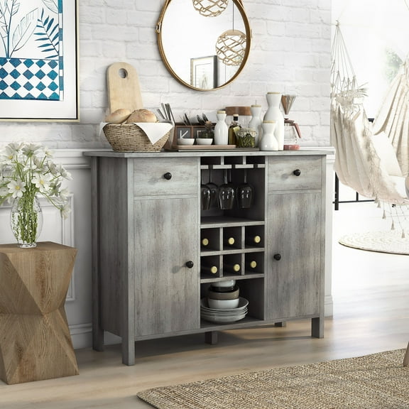 24/7 Shop at Home Zed Wood Multi-Storage Server, Storage Cabinet, Dining Sideboard Buffet Cabinet for Living Room in Vintage Gray Oak