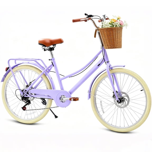24" 7-Speed Retro Cruiser Women Bike, Pipleo Bike for Women with Rattan Basket, Dual-Disc Brake Carbon Steel Frame Lightweight Bicycle, Easy Assembly