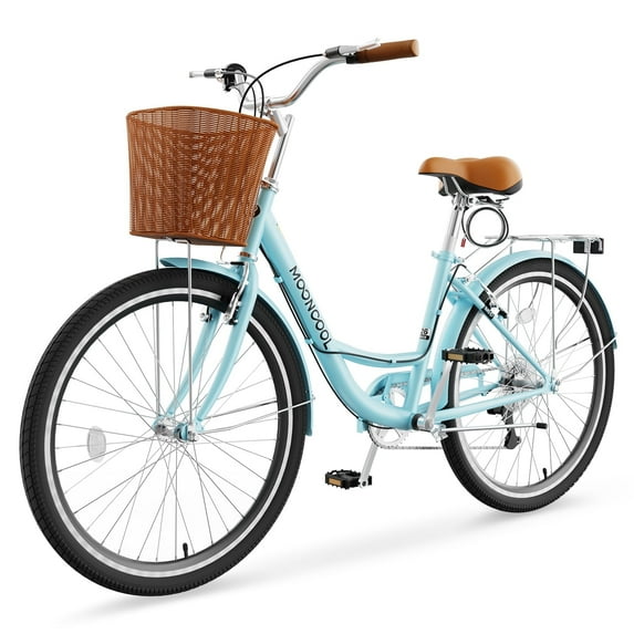7 Speed 26IN Beach Cruiser Bike for Adult with Basket & Lock, Lightweight Step Through Women Bicycles, Shimano City Commuter Bicycle for Women Men, Shoping and Exercise