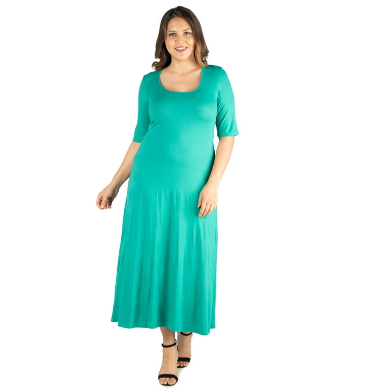 24/7 Women's Plus Size Comfort Apparel Long Sleeve Fit and Flare Plus Size  Midi Dress 