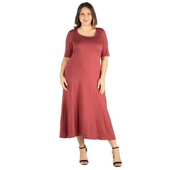 24/7 Women's Plus Size Comfort Apparel Elbow Length Sleeve Plus Size Maxi Dress