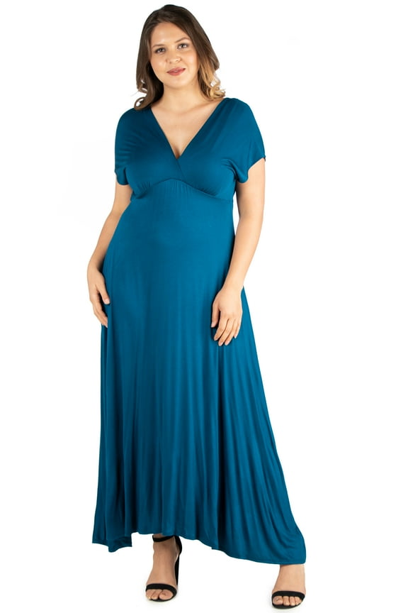 24/7 Women's Plus Size Comfort Apparel Empire Waist V Neck Plus Size Maxi Dress