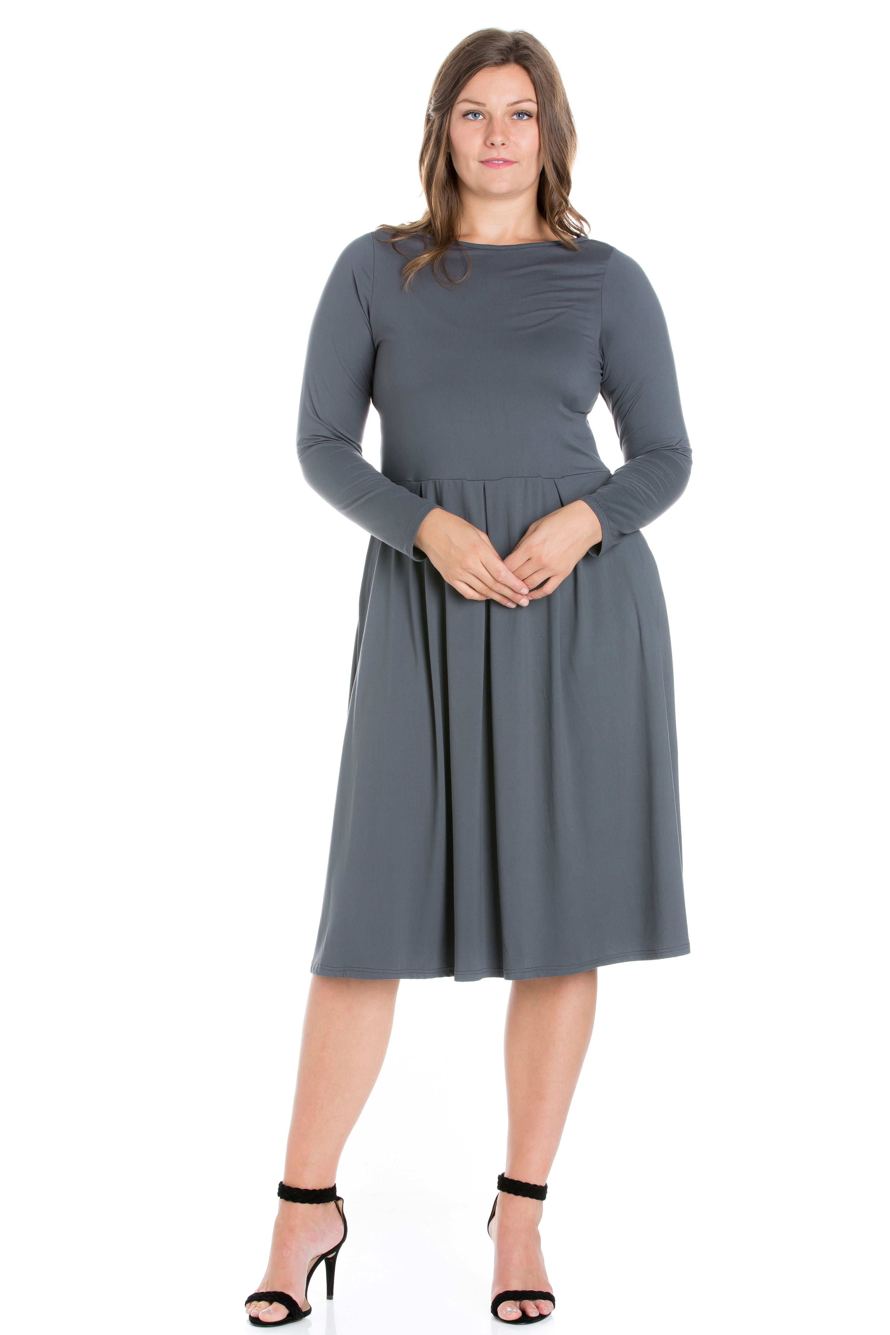 24/7 Women's Plus Size Comfort Apparel Long Sleeve Fit and Flare Plus Size  Midi Dress 