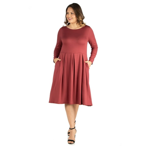 24/7 Women's Plus Size Comfort Apparel Long Sleeve Fit and Flare Plus Size Midi Dress