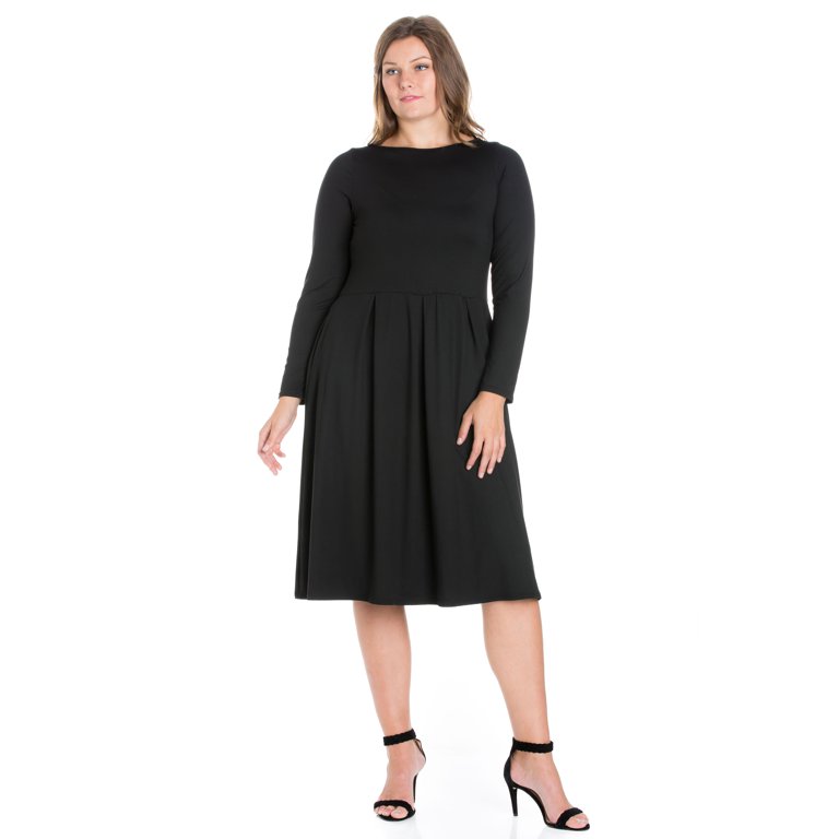 24/7 Women's Plus Size Comfort Apparel Long Sleeve Fit and Flare Plus Size  Midi Dress 