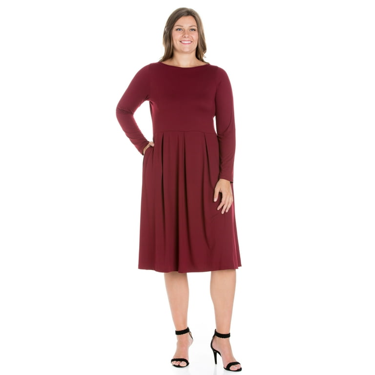 24 7 Women s Plus Size Comfort Apparel Long Sleeve Fit and Flare Plus Size Midi Dress Walmart