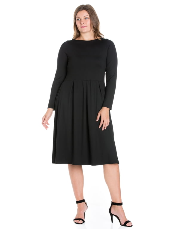 24/7 Women's Plus Size Comfort Apparel Long Sleeve Fit and Flare Plus Size Midi Dress