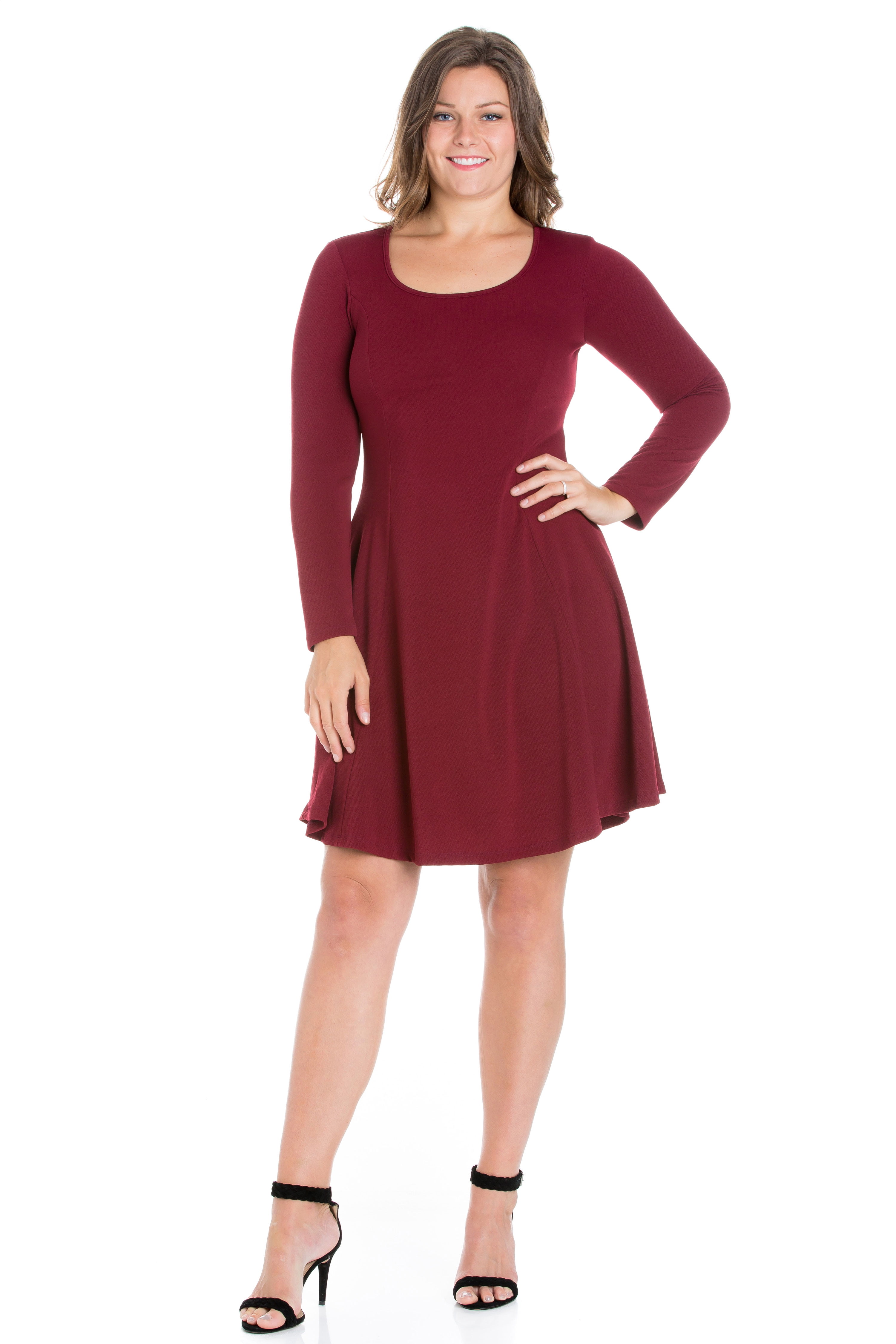 24 7 Women s Plus Size Comfort Apparel Long Sleeve Knee Length Plus Size Skater Dress Walmart