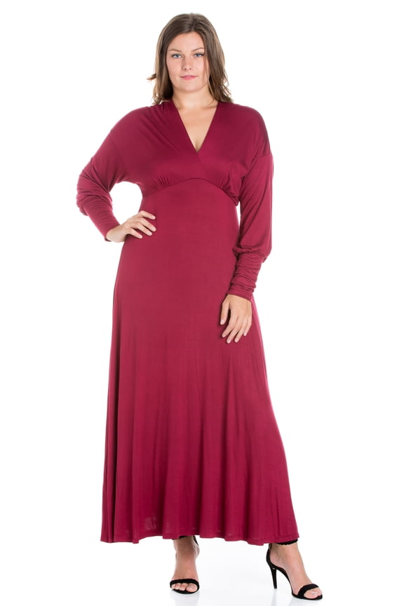 24/7 Women's Plus Size Comfort Apparel V-Neck Long Sleeve Plus Size Maxi Dress