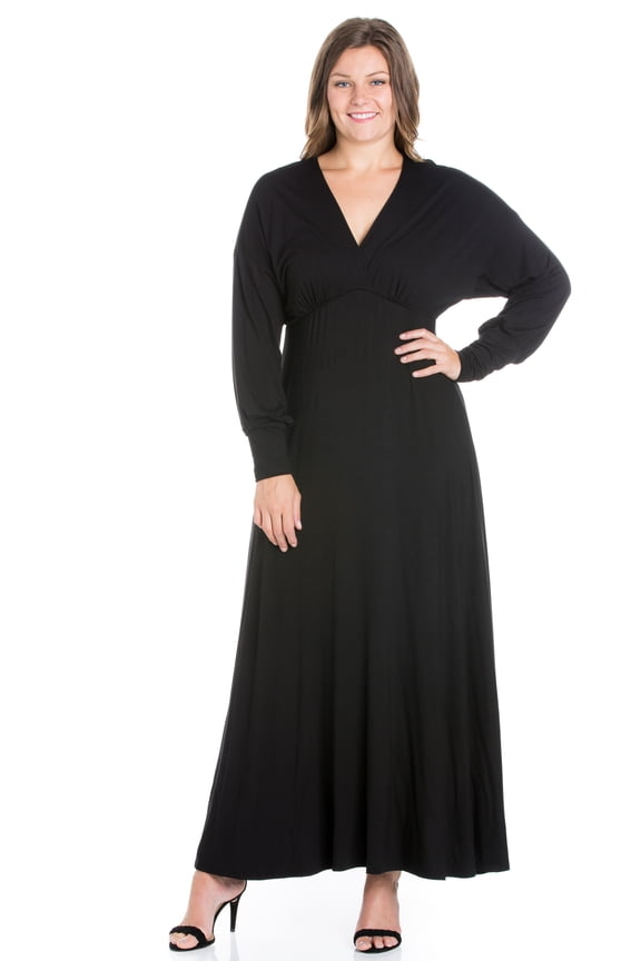24/7 Women's Plus Size Comfort Apparel V-Neck Long Sleeve Plus Size Maxi Dress