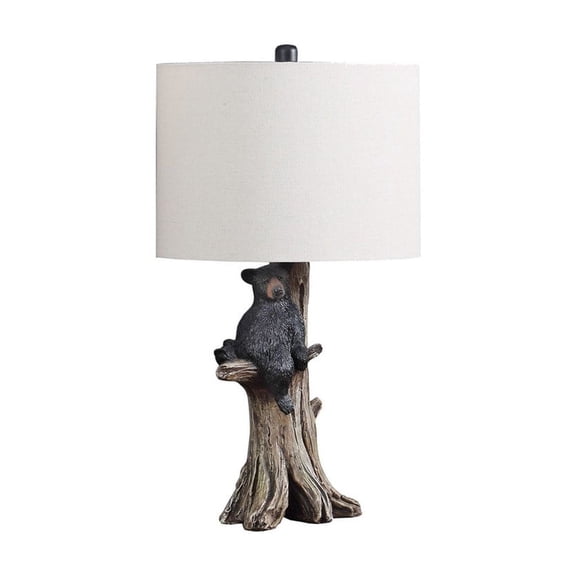 24.75" Black Bear On A Tree Polyresin Table Lamp with Beige Linen Shade, Rustic Cabin Style