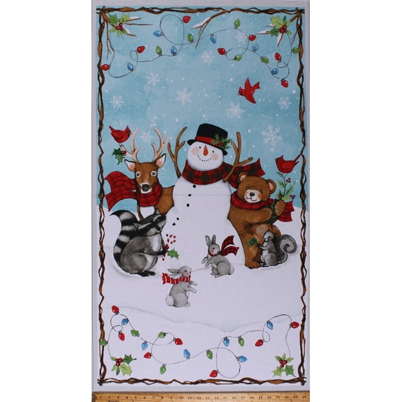 24.75" X 44" Panel Snowman Deer Bear Raccoon Squirrel Bunnies Bunny Rabbits Animals Christmas Winter Nose to Nose White Cotton Fabric Panel (3023-413-39679)