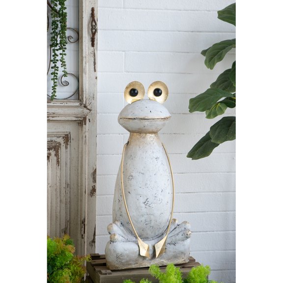24.8" Abstract White Frog Figurine with Gold Arms & Eyes, Modern Magnesium Statue for Decor