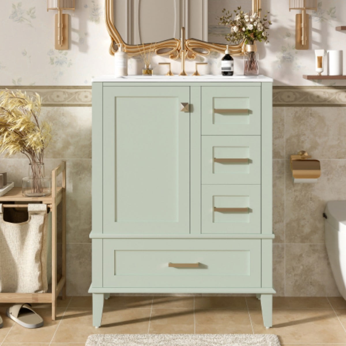 24.8" Bathroom Vanity with Ceramic Sink, Freestanding Bathroom Vanity Cabinet, Soft Close Door, 3 Drawers, Green