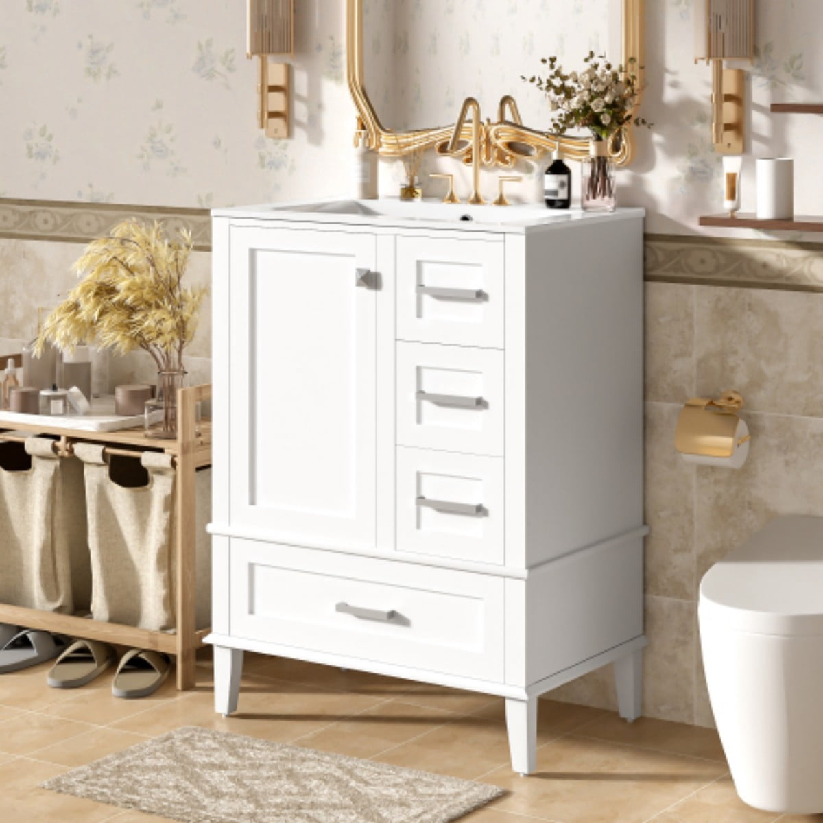 24.8" Bathroom Vanity with Ceramic Sink, Freestanding Bathroom Vanity Cabinet, Soft Close Door, 3 Drawers, White