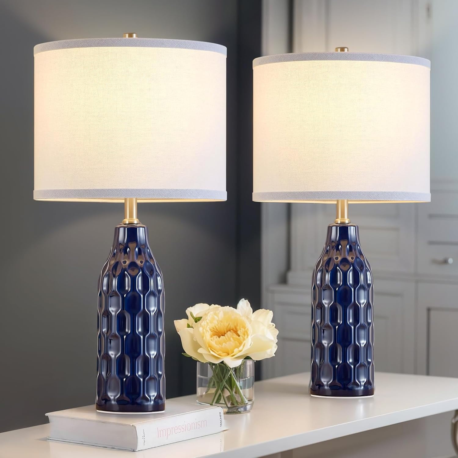 24.8" Ceramic Table Lamps Set of 2 for Nightstand - 3 Color Temperature&Bulbs Included, Bedside ...