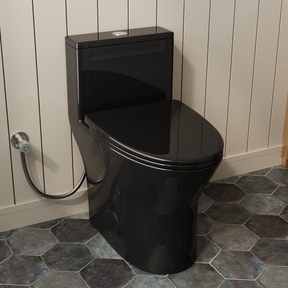 24.8" Depth Compact Black Toilet For Small Bathrooms, 18" Tall Comfort Height One Piece Toilet, Elongated Bowl, Soft Close Seat, One Hole Rimless Swirl Tech, Dual Flush 1.0/1.28 GPF, 10" Rough-In