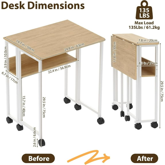 Folding Desk Small Rolling Desk with Storage Shelf,24.8 Inch Foldable Computer Table for Small Spaces, Space Saving Sofa Table with Wheels for Home Office, Study, Easy Assembly