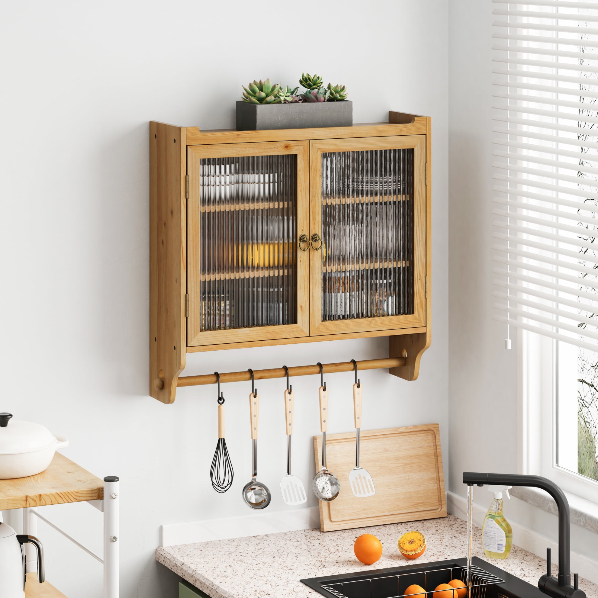 24.8" Glass Door Vintage Double Door Wall Cabinet with Three Tiers of Storage, Open Top Shelves and Towel Rack, Retro Wooden Wall-Hanging Cabinet for Bathroom, Kitchen, Dining Room, Natural