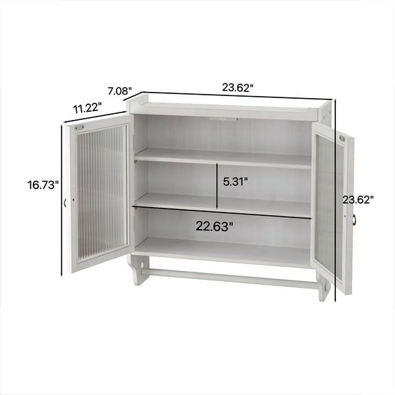 24.8" White Washed Glass Door Wall Cabinet with 3 Shelves & Towel Rack, Vintage Storage for Bathroom & Kitchen (7.08"D X 23.62"H)