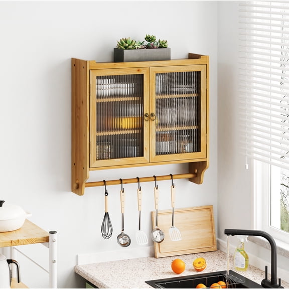 24.8''Glass Door Vintage Double Door Wall Cabinet With Three Tiers of Storage With Towel Rack,for Bathroom, Kitchen,,Dining Room,,Original Wood Color