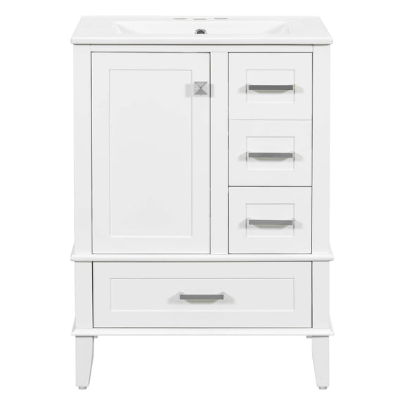 Modern White Bathroom Vanity with Ceramic Sink, Soft-Close Door, Deep Wide Drawers, 24.8' Compact Design