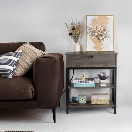 24.8'' Tall Table With Storage and Outlet, Living Room Storage Table, Gray