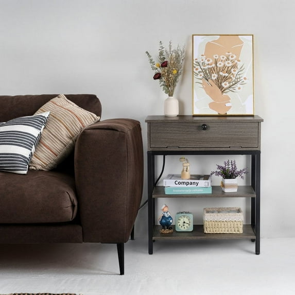 24.8'' Tall Table With Storage and Outlet, Living Room Storage Table, Gray