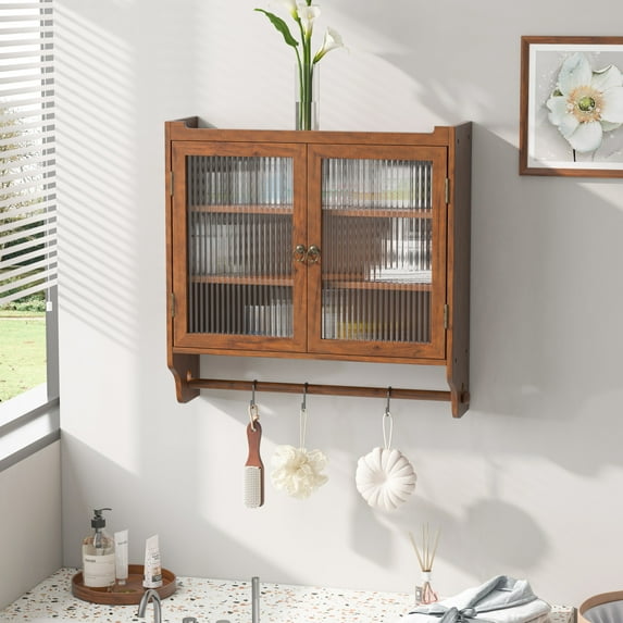 24.8'' Vintage Wall Cabinet with Glass Door, Double Fluted Door Storage Cabinet with 3 Tiers of Storage and Towel Rack, for Kitchen, Dining Room, Bathroom, Brown