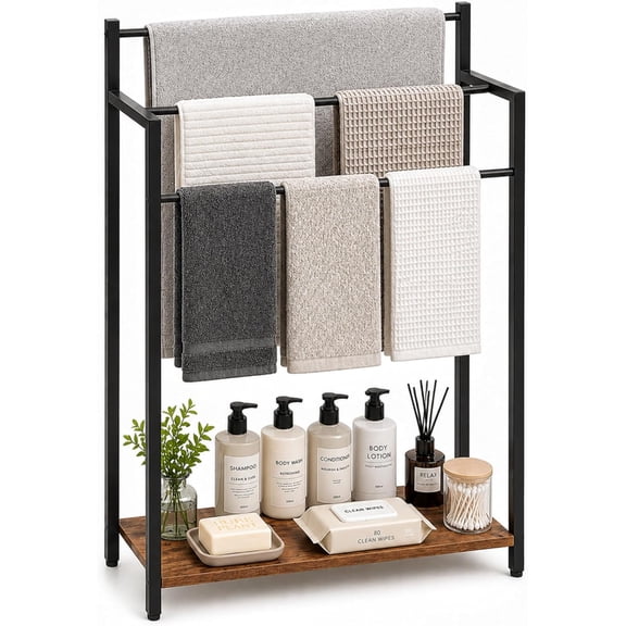 24.8" W Freestanding Towel Rack, 3 Tier Blanket Ladder Stand with Rustic Brown Wooden Shelf for Bathroom Living Room