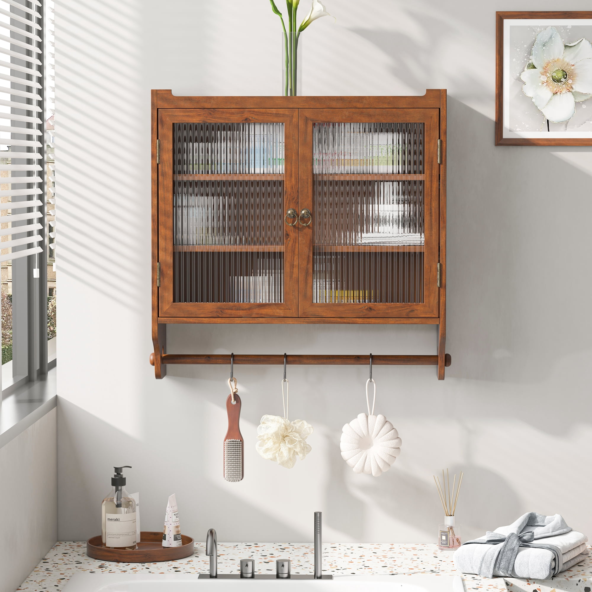 24.8" Wall Cabinet with Glass Door, Vintage Double Door with Three Tiers of Storage with Towel Rack, for Bathroom, Kitchen, Dining Room, Brown