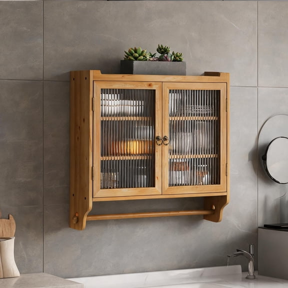 24.8'' Wide Wall Cabinet with Glass Doors Towel Rack, Vintage 3-Tier Storage for Bathroom, Kitchen, Dining Room, Organic Natural