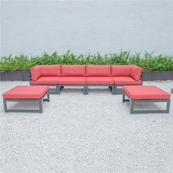 24.8 x 113.62 x 60 in. Chelsea 6 Piece Patio Ottoman Sectional with Black Aluminum Cushions, Red