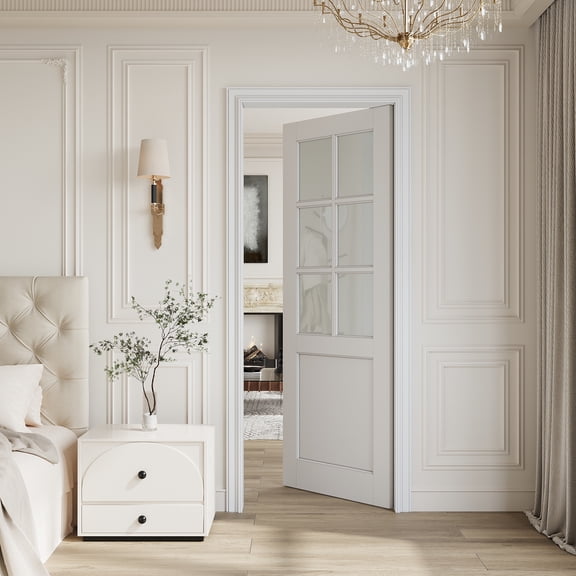 24"×80" Interior Slab Door 6-Lite Frosted Glass Solid Core White Primed Standard Door For Bathroom & Living Room