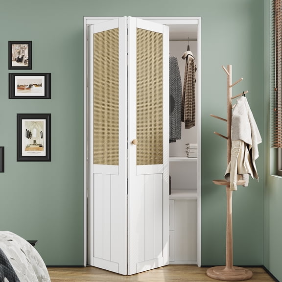 24"×80" Weavebound Solid Manufactured Wood and Imitation rattan hand-woven Bi-fold Closet Doors with Hardware Kit