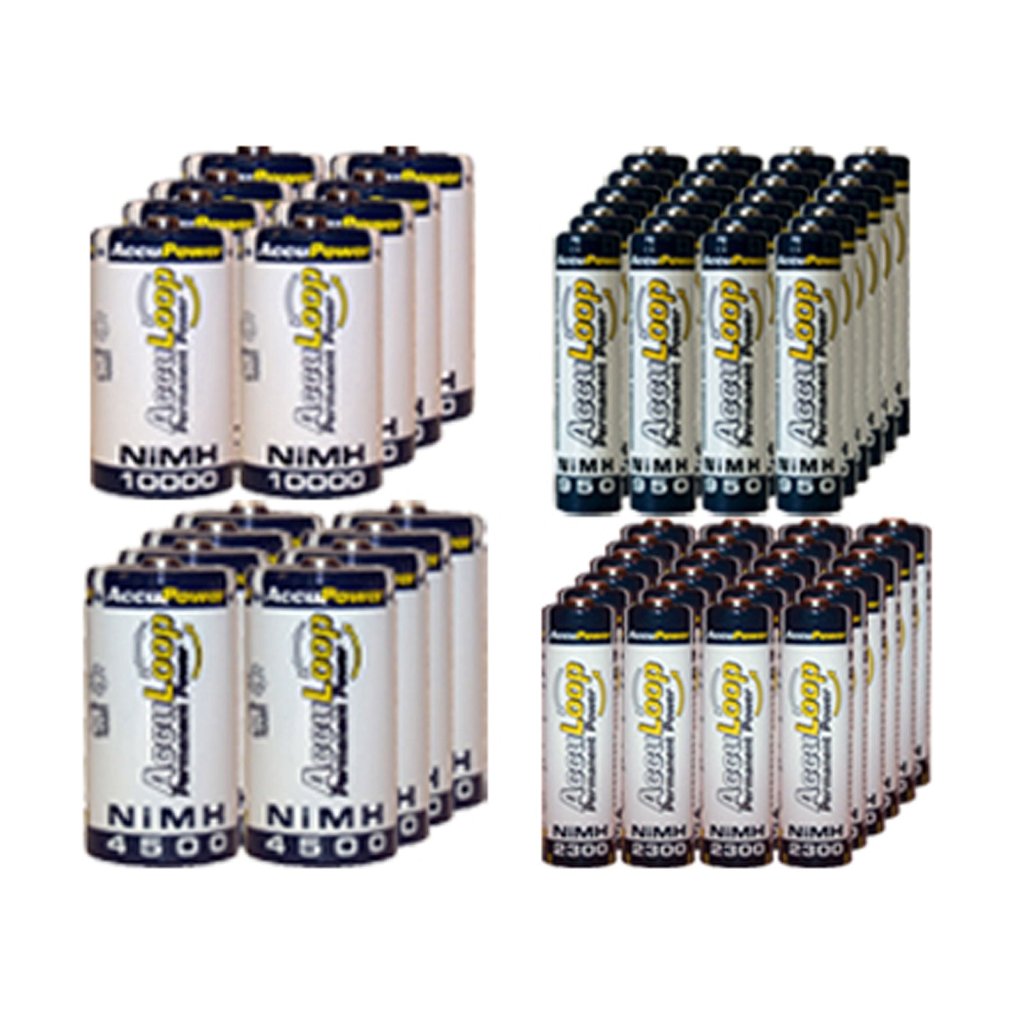 24 AA (2600 mAh) + 24 AAA (1100 mAh) + 8 C (4500 mAh) + 8 D (10000 mAh) NiMH AccuLoop Batteries