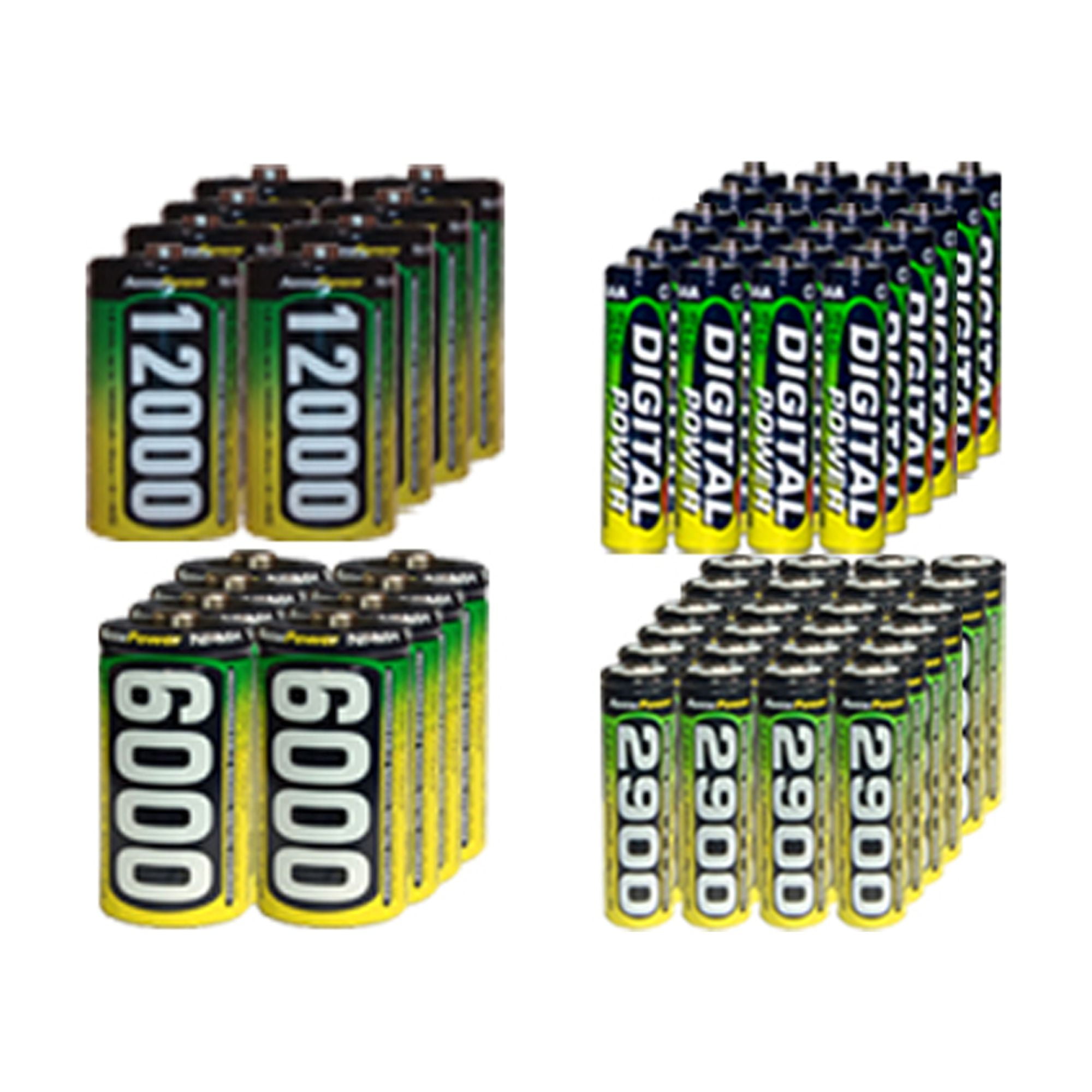 24 AA (2900 mAh)+ 24 AAA (1200 mAh) + 8 C (6000 mAh) + 8 D (12000 mAh) NiMH AccuPower Batteries