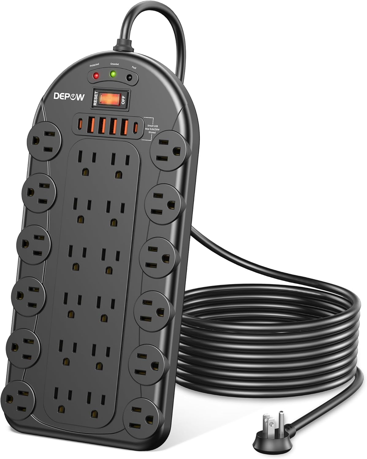, 24 AC Outlets (1875W/15A) with 6 USBs (2 USB-C Ports), ETL Listed, Surge Protector (3,400 Joules), 8 Ft Heavy Duty Flat Plug Extension Cord, Wall Mountable for Home, Office, Black