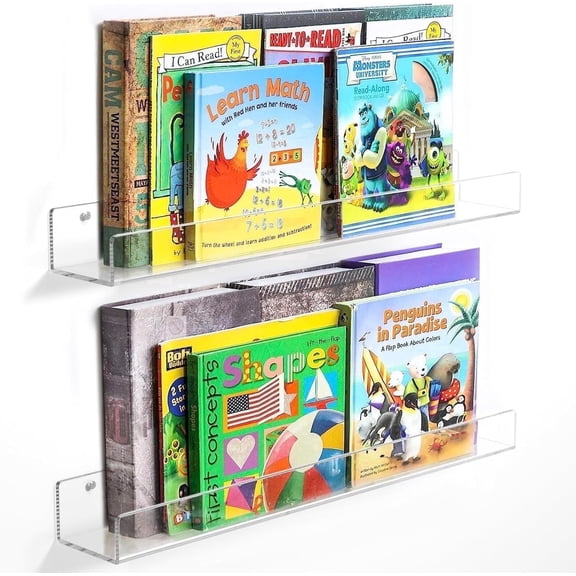 NIUBEE 24 Inch Acrylic Shelves for Wall, Kids Sturdy Clear Floating Shelves, Wall Bookshelf Perfume Rack for Bathroom, Living Room, Bedroom, Kitchen, 2Pcs