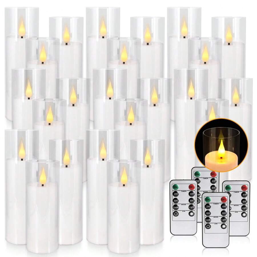 24 Acrylic Transparent Flameless LED Candle Lights, White, 3 Sizes, With Remote Control And Timing Function, Battery Powered, Adjustable Brightness, Perfect For Making Wishes