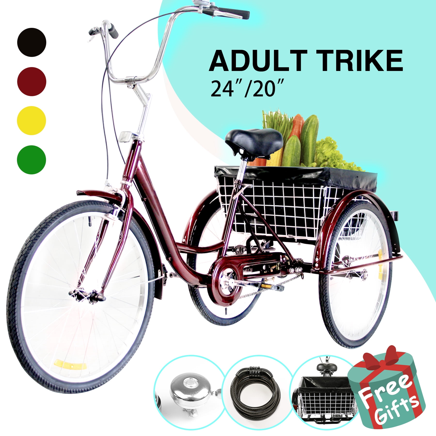 24" Adult Tricycle Bike Cruise w/ Basket Bell Dust Bag Lock Brake & fender RED