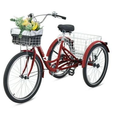 24" Adult Tricycle Bike with 7 Speed Gear Front & Rear Basket Matte Red