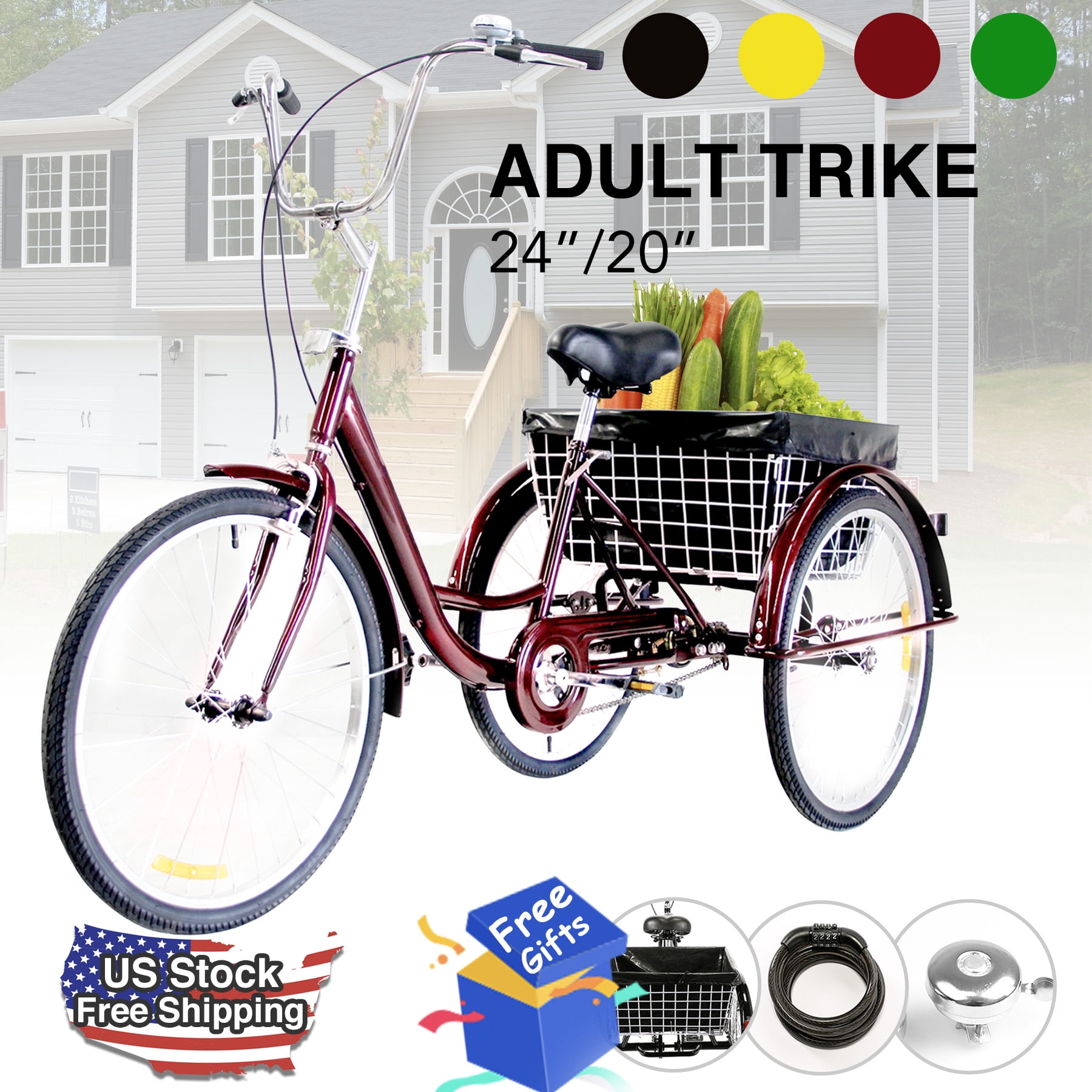 24" Adult Tricycle w/ Basket Brake & Fenders for Shopping & Outing RED