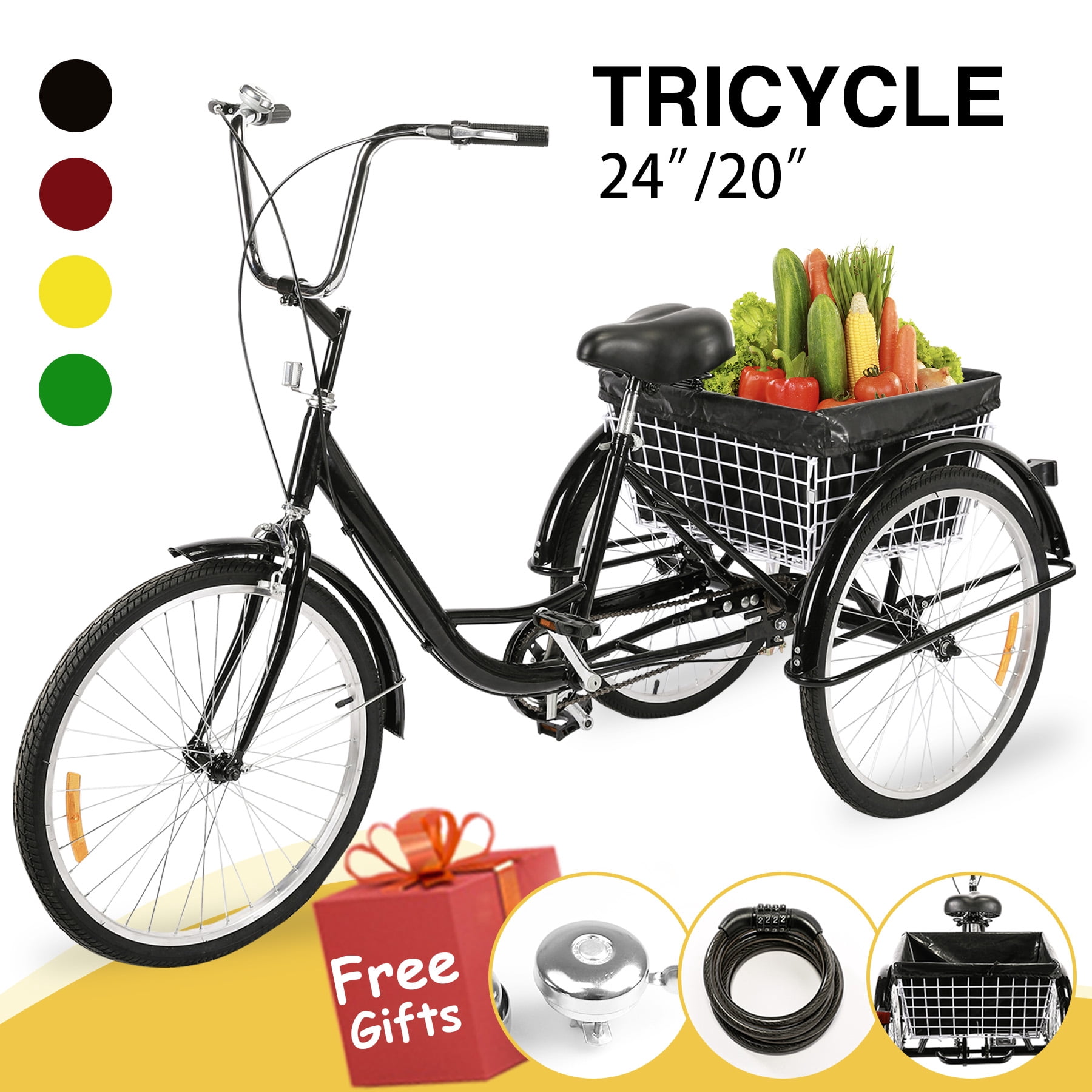 24" Adult Tricycle w/ Basket Men’s Women’s Cruiser Bike for Shopping & Recreation, Black