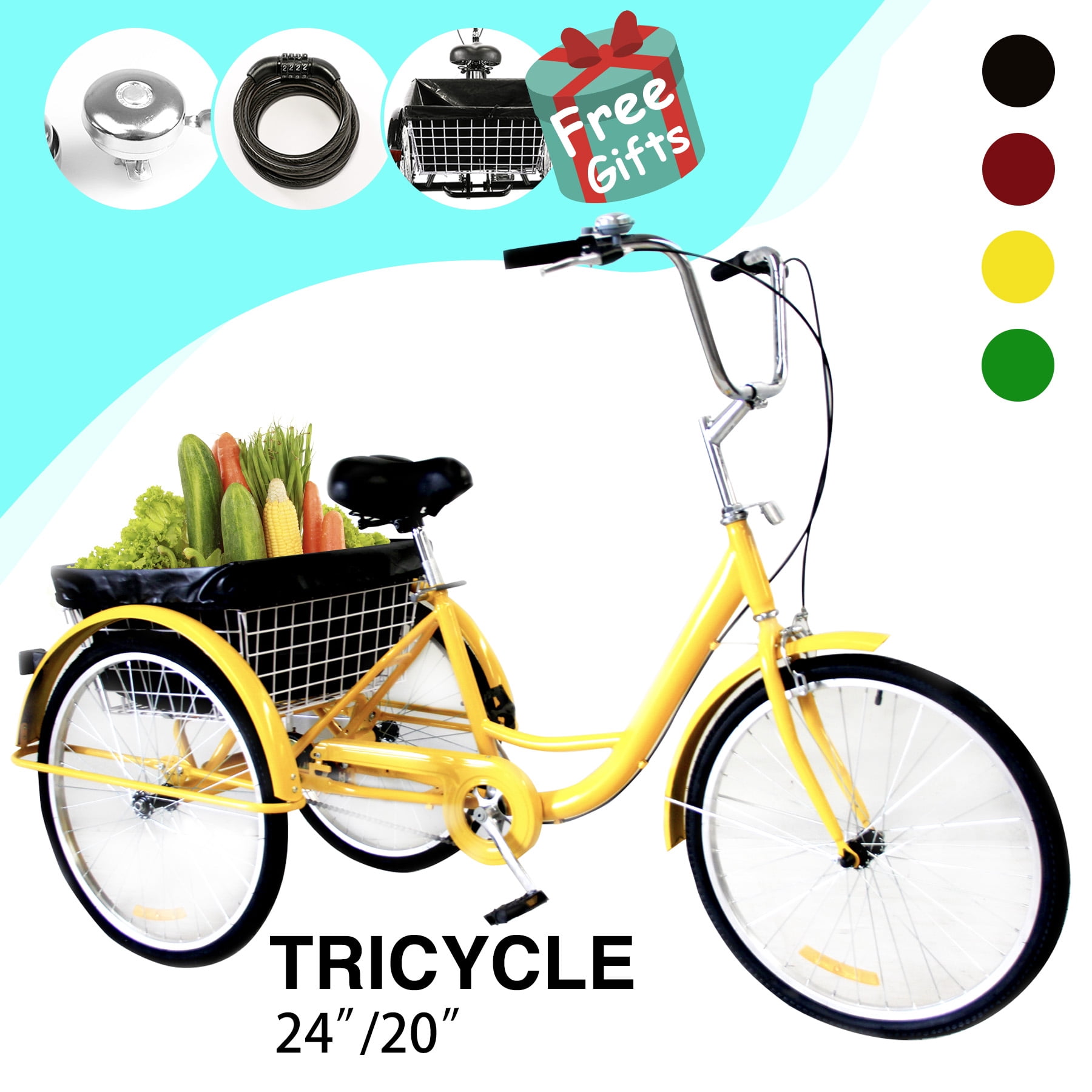 24" Adult Tricycle w/ Large Basket Dust Bag & Paddle for Shopping & Outing YELLOW