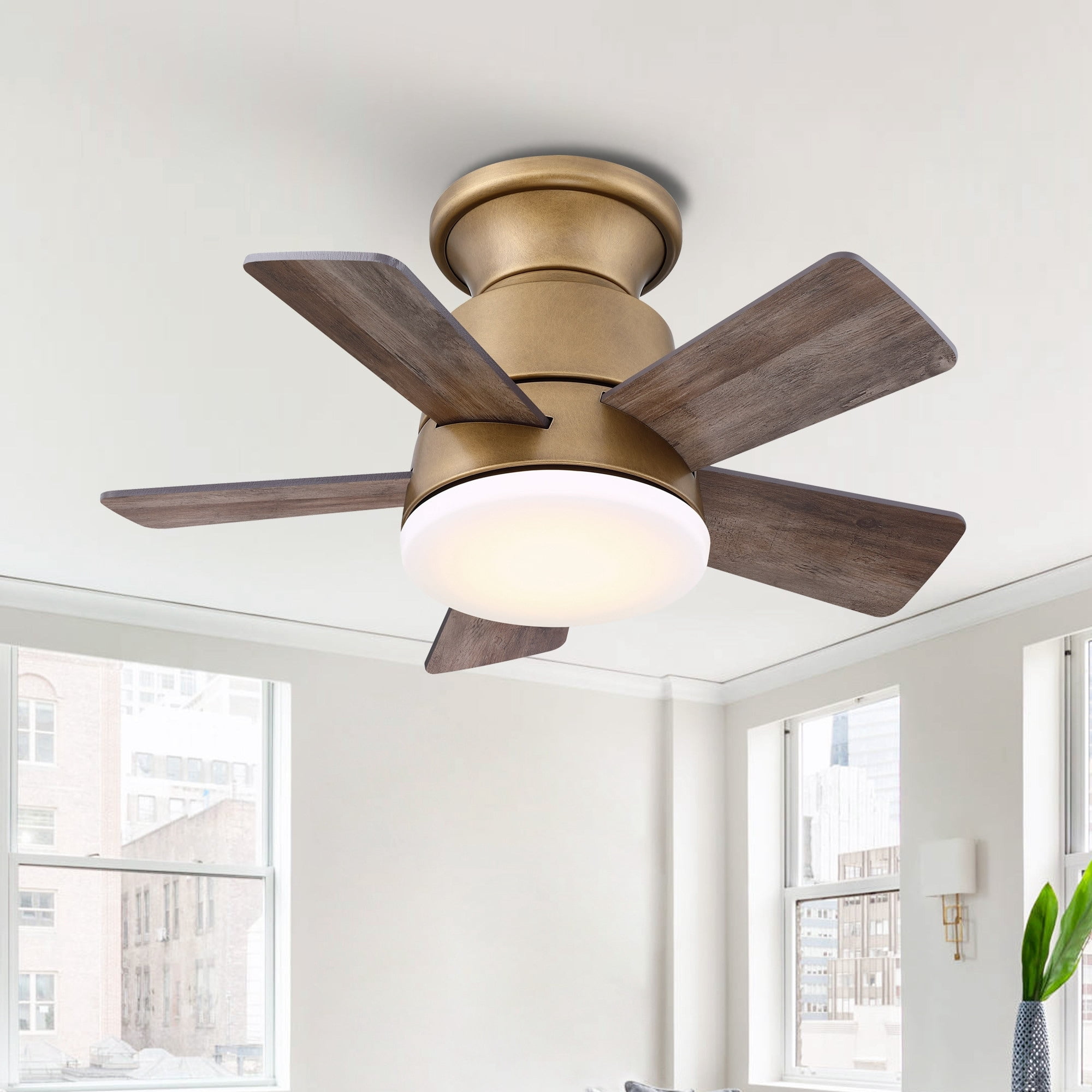 24" Brass Gold LED Flush Mount Ceiling Fan with Remote and Reversible Blades
