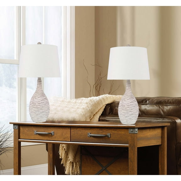 24" Aged White Wash Polyresin Table Lamp w/ Carved Base & Off-White Linen Shade (Set of 2)